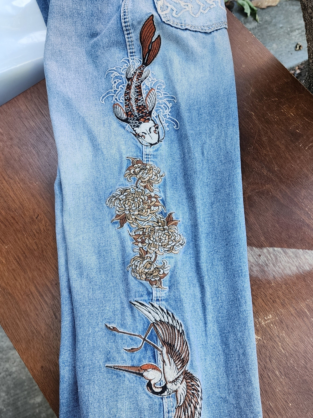 Ninth Hall Idle Consult Embroidered Jeans Koi Fish Crane Floral Blue